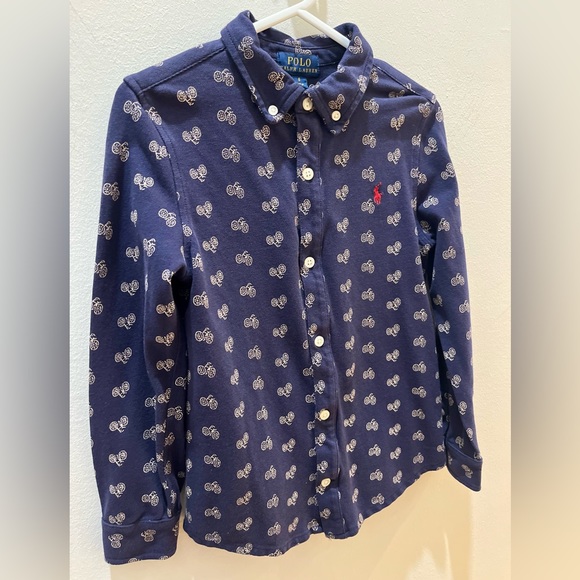 Polo by Ralph Lauren Knit Cotton Oxford Navy Blue Shirt Bicycle Print Boy Size 6 - Picture 3 of 9